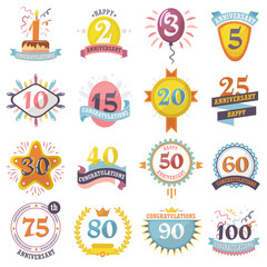 Anniversary badges vector birthday numbers emblems holiday set festive celebration birth age letter with ribbons illustration isolated on white background