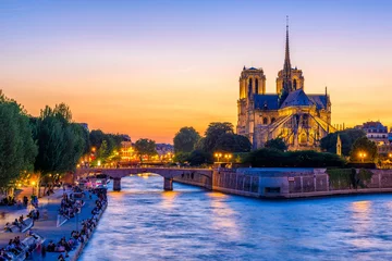Gordijnen Sunset view of Cathedral Notre Dame de Paris, island Cite and river Seine in Paris, France © Ekaterina Belova