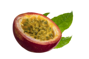 slice of passion fruit with leaf isolated on white