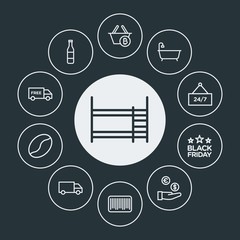 drinks, shopping, furniture Infographic Circle outline Icons Set. Contains such Icons as  business, service,  offer,  food,  white,  bottle, coffee,  money and more. Fully Editable. Pixel Perfect