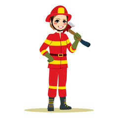 Happy female firefighter in red uniform standing holding axe working in traditional male role