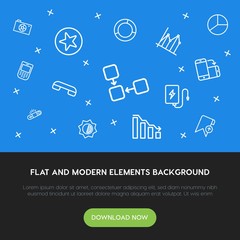 charts, mobile, photos, bookmarks outline vector icons and elements background concept on blue background.Multipurpose use on websites, presentations, brochures and more