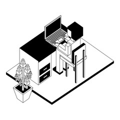 view back businessman working on laptop at desk isometric vector illustration