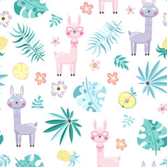 Seamless pattern with llama and plants