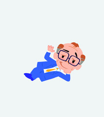 Old businessman with glasses lying, greets with a dreamy expression.