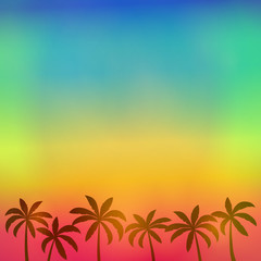 Fototapeta na wymiar Silhouette of palm trees on colourful sky - summer background with copyspace. Vector.