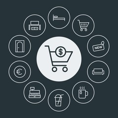 drinks, shopping, furniture Infographic Circle outline Icons Set. Contains such Icons as  single,  euro,  door, entrance,  dollar, ice,  button,  money,  credit and more. Fully Editable. Pixel Perfect