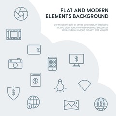 money, mobile, video, photos outline vector icons and elements background concept on grey background.Multipurpose use on websites, presentations, brochures and more