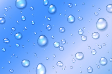 Vector shiny clear water drops on glass with blue background