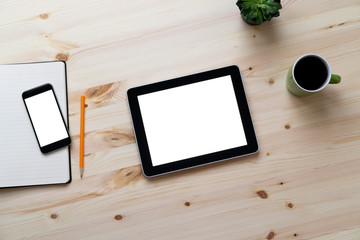 Knolling business desk top view with blank tablet and smartphone