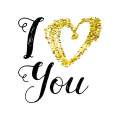Golden Glitter hand drawn heart with I love You lettering. Valentines day glitter card