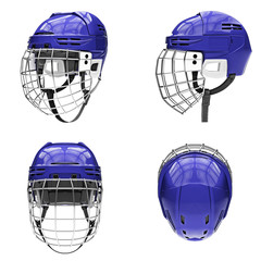 Set of Classic Ice Hockey Helmets with Metal Facemask. All side view. Sport equipment. Template 3D render illustration Isolated on a white background.