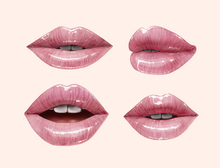 Nude sensual juicy lips collection. Mouth set. Vector lipstick or lip gloss 3d realistic illustration. Gentle pink dusty rose colors