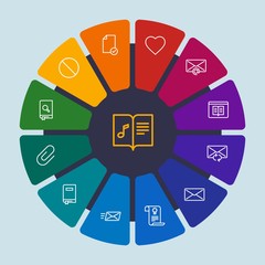 files, email, education Infographic Circle outline Icons Set. Contains such Icons as  digital, encyclopedia, internet,  success,  document,  message, book,  web and more. Fully Editable. Pixel Perfect