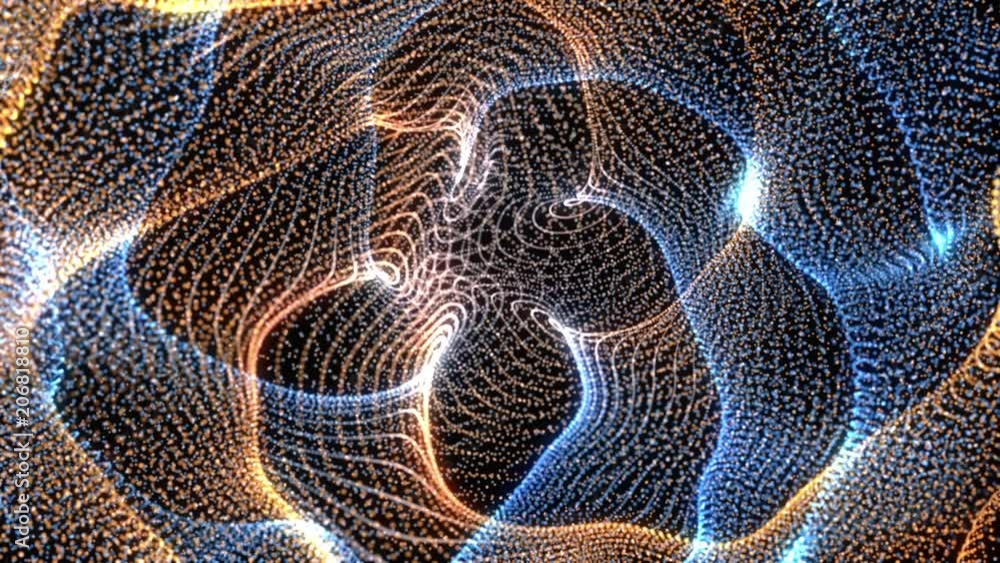 Poster abstract loopable blue and gold cg motion waving dots texture with glowing defocused particles. cybe