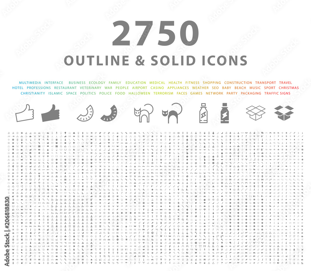Poster set of 2750 outline and solid icons on white background . vector isolated elements