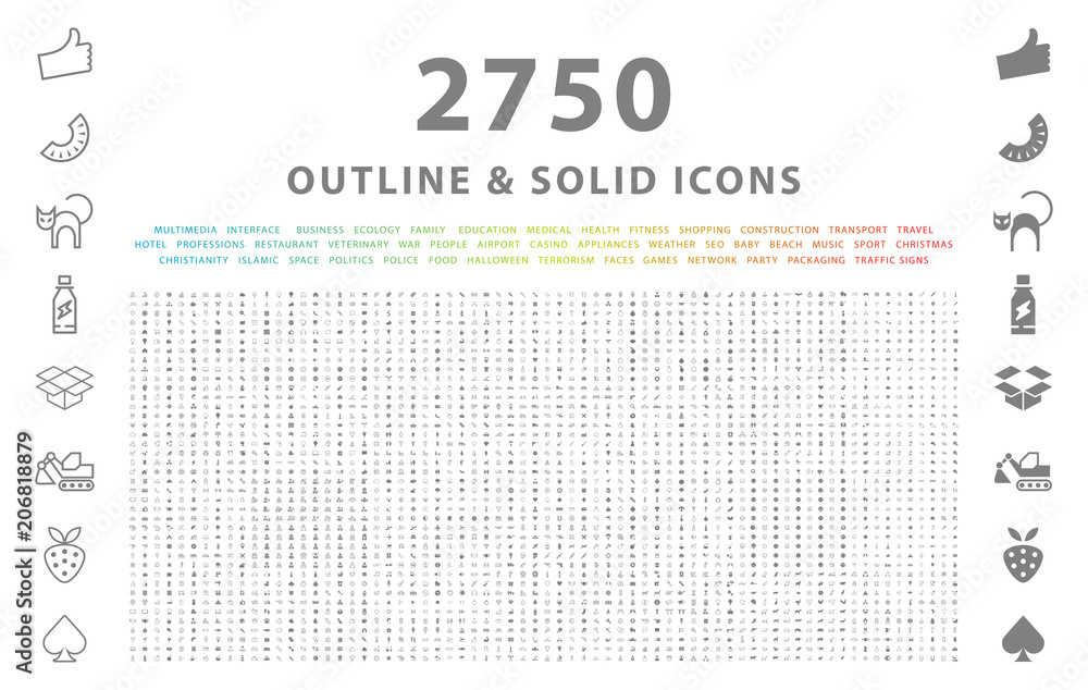 Poster set of 2750 outline and solid icons on white background . vector isolated elements