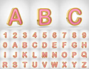 Pink with gold alphabet letters uppercase isolated on white background.