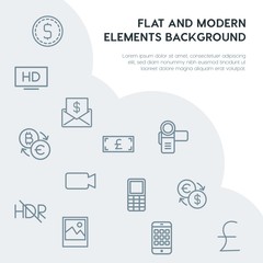 money, mobile, video, photos outline vector icons and elements background concept on grey background.Multipurpose use on websites, presentations, brochures and more
