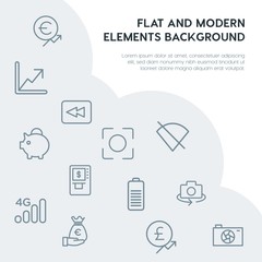 money, mobile, video, photos outline vector icons and elements background concept on grey background.Multipurpose use on websites, presentations, brochures and more