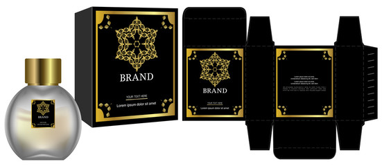 Packaging design, Label on cosmetic container with black and gold luxury box template and mockup box. illustration vector.	