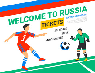 Soccer players with football ball. Welcome to Russia web banner template. Fool color illustration in flat style. Football players in Russia football cup. Flyers, haeders template.