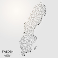 A map of Sweden consisting of 3D triangles, lines, points, and connections. Vector illustration of the EPS 10.