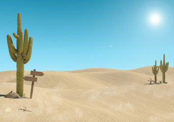 Sandy desert landscape with cactus and wooden sign on blue sky background, 3D Rendering