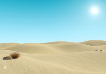 Empty sandy desert landscape and blue sky background, 3D Rendering