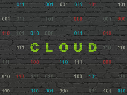 Cloud computing concept: Painted green text Cloud on Black Brick wall background with Binary Code