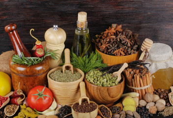 Fototapeta na wymiar many different spices background