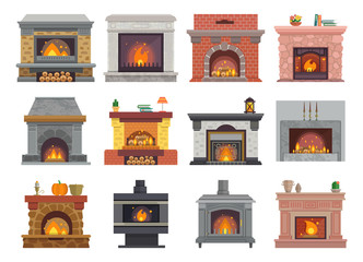 Fireplace vector house christmas wood fire place home illustration warm winter interior bonfire isolated illustration set