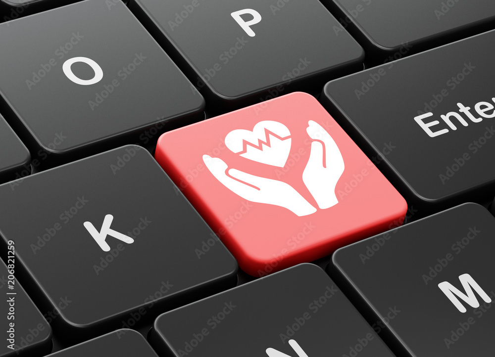 Poster insurance concept: computer keyboard with heart and palm icon on enter button background, 3d renderi