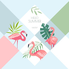 Summer tropical creative vector background with exotic birds flamingo and palm leaves