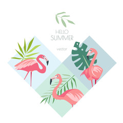 Summer tropical creative vector background with exotic birds flamingo and palm leaves white isolated