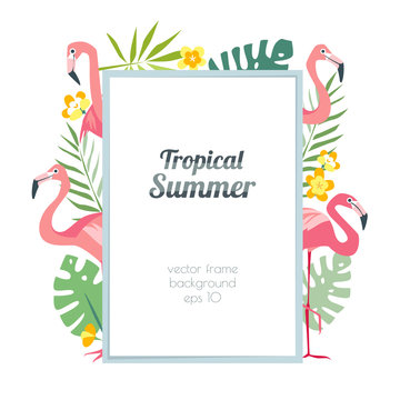 Tropical frame with beautiful pink flamingo and exotic palm leaves summertime hawaii
