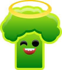 Angelic broccoli winks against white background