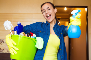 Smiling Beautiful Woman With the Equipment and Supplies for Cleaning at House in Hands