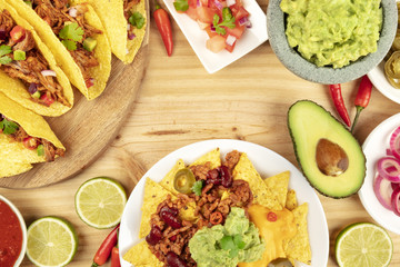 Overhead photo of assortment of Mexican food