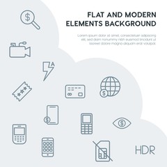 money, mobile, video, photos outline vector icons and elements background concept on grey background.Multipurpose use on websites, presentations, brochures and more