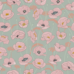 pink beautiful poppies on a grey background. Vector seamless pattern