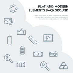 money, mobile, video, photos outline vector icons and elements background concept on grey background.Multipurpose use on websites, presentations, brochures and more