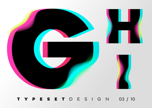 Vector Typeset Design. Neon Glitch Style. Black Bold Font, Double Exposure. Abstract Colorful Type for Creative Heading, Advertising Placard, Music Poster, Sale Banner. Trendy Neon Glowing Letters.