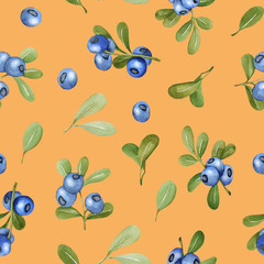 Watercolor blueberries seamless pattern, hand painted on a peach background