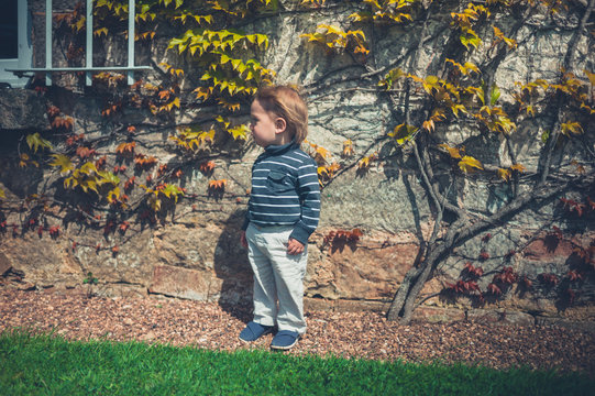 Toddler boy with hair blowing in the wind by wall
