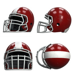 Fototapeta premium Set of Old American Football Helmets. Red helmet with dirt and scratches. All view. Oldschool Used Sport Equipment. 3D render Illustration isolated on a white background.