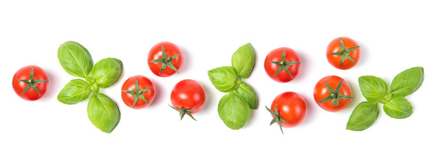 Beautiful border made of fresh cherry tomatoes with basil leaves, isolated on white background, vegetable pattern, top view