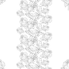 Seamless pattern. Plant in blossom, branch with flower ink sketch. Template for a business card, banner, poster, notebook, invitation, color book