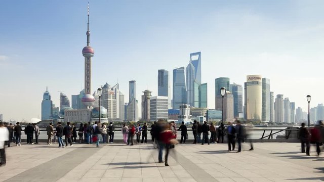 New Pudong skyline, looking across the Huangpu River from the Bund, Shanghai, China - T/lapse