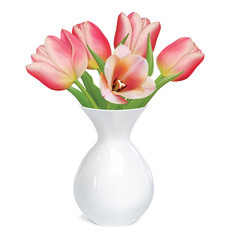 Tulips flowers in white vase. Vector illustration